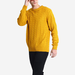 Pull en maille torsadée jaune moutarde pour homme, manches longues, couleur unie, coupe classique, épaisseur standard, collection automne 2026 - Product Image 2