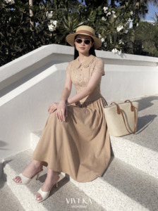 Vestido Midi Beige de Encaje con Cuello Peter Pan para Mujer, Corte Ajustado y Evase, Manga Corta, con Lentejuelas, Estilo Vintage, Transpirable, de Chifón, CINDY - Product Image 5