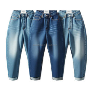 กางเกงยีนส์ผู้หญิงขนาดใหญ่พิเศษเอวสูงปานกลางใส่สบายทรงหลวมยืดซักได้สีพื้น - Product Image 1