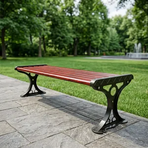 Backless Wooden Garden <b>Bench</b> with Cast Iron <b>Legs</b> Heavy Duty Outdoor Seating for Park Patio Lawn and Public Spaces - Product Image 1