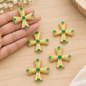 18k Gold Plated Texture Green Onyx Gemstone Round Shape Cross Women <b>Fashion</b> <b>Necklace</b> Wholesale Brass Minimalist Fancy Jewelry - Product Image 4