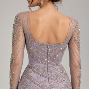 Dusty Lavender Satin Gown Modern Built-in Bra <b>Silver</b> Embroidery Floor-Length Elegant Evening Party <b>Dress</b> - Product Image 4