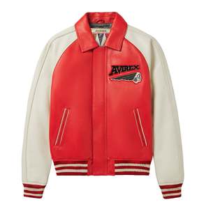 Avirex Men's Red Varsity <b>Jacket</b> Embroidered <b>Patch</b> Front Zipper Regular Fit Turn-down Collar Leather Fusion of Strength - Product Image 1