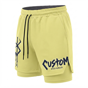 Vêtements de sport pour hommes, respirants, en tissu maille double couche jaune personnalisé, 100% polyester, tissu peigné, taille élastique, pour la gym et le fitness - Product Image 3