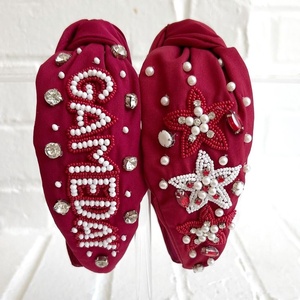 Export Quality Orange and White <b>Football</b> Beaded <b>Headband</b> Gameday Knotted Sports Hairband with Rhinestone Embellishment <b>Headbands</b> - Product Image 4