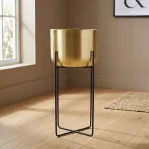 Modern Gold Metal Planter with <b>Tall</b> Black <b>Stand</b> Minimalist Cylindrical Flower Pot Holder for Indoor <b>Plants</b> Living Room Office - Product Image 3
