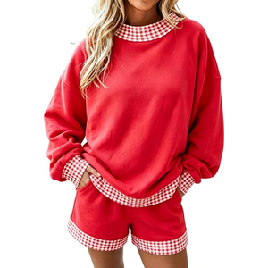 Ensemble 2 pièces tendance pour femme : Sweat-shirt ample à col montant avec bordure à carreaux vichy personnalisé et short – Tenue décontractée et confortable - Product Image 1