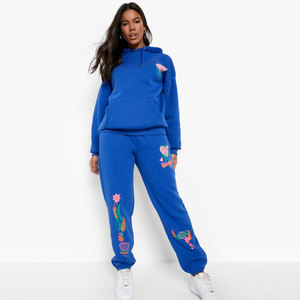 Women's Blue Hooded Tracksuit Set Full Sleeve Floral Embroidery Casual Sweatshirt <b>Pants</b> Plus Size Spring Wear - Product Image 1