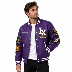 Custom Purple Varsity Letterman Jacket Men PU Leather Baseball College Jacket Embroidered Chenille Patch Bomber Jacket OEM ODM - Product Image 1