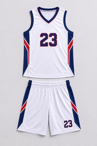 Ensemble de maillots de basket-ball sublimés personnalisés SHAFIQ SPORTS Blanc Bleu Rouge 23 Col en V Sans manches Évacuation de l'humidité Unisexe Adulte - Product Image 3