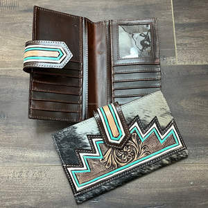 Nueva Cartera de Cuero Vacuno Genuino de Gran Capacidad, Estilo Rústico Occidental, Cartera Larga con Incrustaciones de Cuero con Pelo y Turquesa en Forma de Zig Zag - Product Image 6