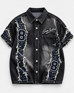 <b>Men's</b> Washed Denim <b>Jacket</b> Short Sleeve Rivet Ripped Letter Patch <b>Summer</b> Streetwear Wholesale Rate OEM Custom <b>Men</b> Denim <b>Jacket</b> - Product Image 1