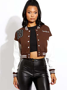 Wholesale New Design Women's Brown Varsity Jacket With White <b>Leather</b> Sleeves And Patch Embroidery <b>Short</b> Crop Style Jacket - Product Image 1