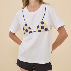 Women's White Crew Neck T-Shirt With Yellow <b>Polka</b> <b>Dot</b> <b>Bikini</b> Applique Casual Short Sleeve Loose Fit Spring Summer Top - Product Image 3