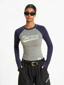 Haut décontracté pour femme Oneten, imprimé color block, manches raglan trois quarts, coupe ample, col rond, séchage rapide, 100 % polyester - Product Image 4