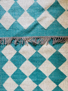 Tapis de couloir en laine et jute bleu sarcelle, motif géométrique à carreaux, style bohème Kilim, avec franges, Dhurrie, long, pour entrée, décoration de sol - Product Image 6