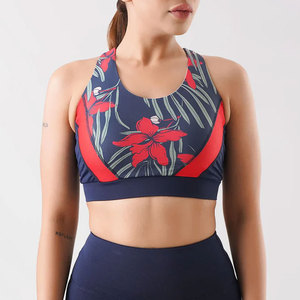 Soutien-gorge de sport pour femme à imprimé floral, dos nageur, col ras du cou, maintien moyen, respirant, pour le yoga et les activités sportives, avec bordure contrastante - Product Image 1