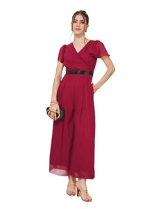 Combinaison élégante en mousseline pour femme, col en V, manches à volants, taille haute, ceinturée, mi-mollet, couleur unie, pour cocktail, printemps-été - Product Image 1