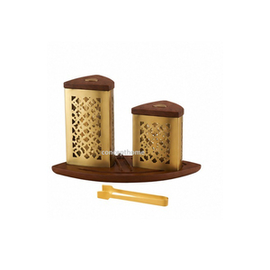Brass Incense <b>Burner</b> Set With Wooden Lid And Tongs Diamond Cut Design Aromatic All Season Use - Product Image 4