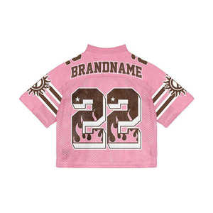Crop top de football américain personnalisé en maille 100% polyester, respirant, impression par sublimation, broderie, col en V, sans bretelles, manches courtes - Product Image 4