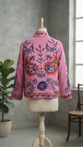 Chaqueta de Invierno para Mujer, con Cuello Mandarín, Bordado Floral Rosa, Estilo Suzani, Manga Larga, Resistente al Viento, Bordado a Mano - Product Image 3