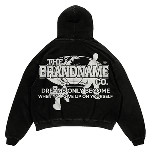 Men's <b>Oversized</b> Black Hooded <b>Sweatshirt</b> Cotton Fleece Distressed Embroidery <b>Vintage</b> Hoodie Front Pocket Casual Boxy Hoodie - Product Image 2