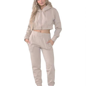 <b>Women's</b> <b>Beige</b> Cropped Zip Hoodie <b>Jogger</b> Pants Set Casual Two Piece Eco-Friendly 100% Cotton Tracksuit Loungewear Custom Private - Product Image 5