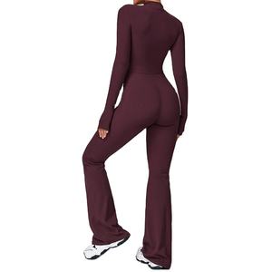 Ensemble de 2 pièces pour femmes, soutien-gorge de sport de yoga à manches longues uni, sans couture, en spandex/nylon, taille en V, taille élastique, logo personnalisé - Product Image 5