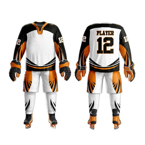 Ensemble de maillots de hockey sur glace unisexe personnalisés blanc jaune noir à manches longues col en V respirant en maille avec impression sublimée - Product Image 1