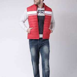 <b>Men's</b> <b>Red</b> Quilted <b>Vest</b> White Stripe Stand Collar Zipper Front Casual Outerwear Waterproof Pockets Winter Wear 100% Polyester - Product Image 4