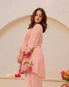 Ensemble Kurta et pantalon en coton rose brodé pour femme, coupe ample, longueur cheville, tenue décontractée style Inde Pakistan, tenue d'été - Product Image 2