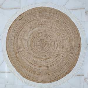 พรมปูพื้นทรงกลมสไตล์โบโฮ ทำจากปอกระเจา ขอบสีดำขาว ทอมือ ลายทอธรรมชาติ สำหรับห้องนั่งเล่น ห้องนอน ห้องเด็ก ตกแต่งบ้าน - Product Image 1