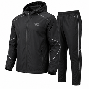 Wholesale Solid Black Lightweight Waterproof Hooded Tracksuit Set with Back <b>Zip</b> Pocket and Other Closure Sporty Style Tracksuit - Product Image 1