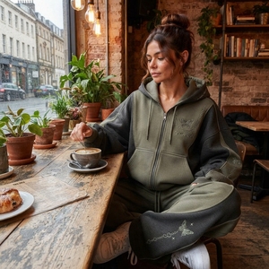 Women's Olive Green <b>Charcoal</b> Zip Hoodie Tracksuit Set Butterfly Print Color Oversized <b>Jogger</b> Pants - Product Image 6