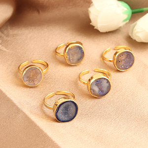 Brass 18k Gold Plated Natural Blue Druzy Agate Gemstone <b>Adjustable</b> <b>Rings</b> Minimalist Statement Unique Style Women Fashion Jewelry - Product Image 6