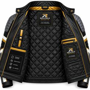Blouson de moto en cuir véritable pour homme, noir, blanc, or, color block, col montant, fermeture éclair, coupe-vent, style motard - Product Image 4