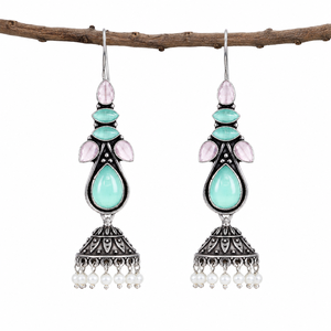 Bohemian Drop <b>Earrings</b> With Monalisa And Pink Stones In Antique <b>Silver</b> Plated Brass For Women Party Jewelry - Product Image 3