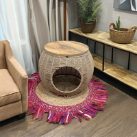 Cama para gatos 2 en 1 moderna y personalizada, cama multifuncional para perros y mascotas, marco de hierro resistente, tapa de madera, mesa auxiliar de verano, ratán, bajo volumen