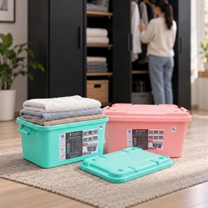 Boîte de rangement rectangulaire en plastique 35L avec couvercle, bac de rangement pour vêtements, conteneur domestique, design minimaliste, empilable - Product Image 1
