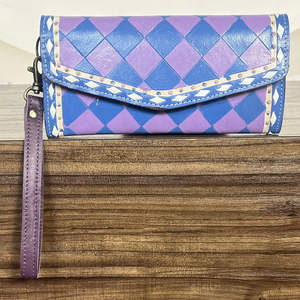 กระเป๋าสตางค์หนังแท้สไตล์ตะวันตกสำหรับผู้หญิง ลายตารางสีม่วงและขาว ตกแต่งด้วยมือ พร้อมสายคล้องข้อมือแบบถอดได้ - Product Image 4
