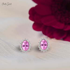Pendientes de Oro Fino de 14K con Zafiro Rosa Genuino de 6x4MM en Forma Ovalada y Halo de Diamantes, Joyería de Boda Hecha a Mano para Damas de Honor - Product Image 1