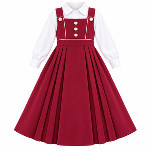 Uniforme Escolar para Niñas, Color Rosa Oscuro, Blusa Blanca de Manga Larga, Falda Plisada con Detalle de Botones - Product Image 2