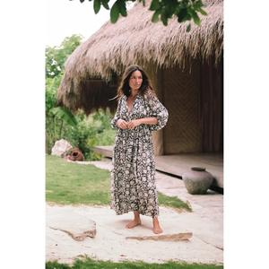 Boho Floral Print Knee-Length V-Neck Long Sleeve <b>Loose</b> Fit Cotton Knitted Fabric Summer Casual Eco-Friendly Breathable <b>Dress</b> - Product Image 5