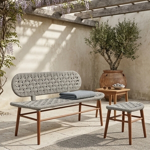 New Modern Minimalist Morgan Wooden <b>Bench</b> Outdoor Rope Lace Weaving Backrest Long Dining <b>Bench</b> Chair Living Room Patio Garden - Product Image 4