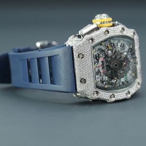 Luxury Men's Stainless Steel Diamond Encrusted Rectangle Mechanical Watch 44mm Analog <b>Chronograph</b> Sapphire Crystal Blue Band - Product Image 5