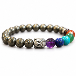 Bracelet 7 Chakras en Pyrite Naturelle, Perles de 8 mm, Extensible, avec Tête de Bouddha, Cristal de Guérison, Pierre Précieuse, Cadeau Unisexe - Product Image 1