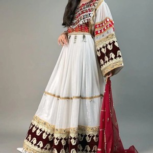 Traditional Pashtun Dress Women Casual Dresses <b>White</b> Georgette Large Flare Maroon Velvet Border Gold Embroidered <b>Maxi</b> Gown - Product Image 4