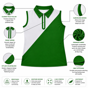 Polo sin Mangas para Mujer, Diseño Personalizado OEM, Bloques de Color Verde y Blanco, Cierre de Cremallera, Transpirable, 100% Poliéster, Ropa Casual de Golf - Product Image 4
