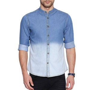 Camisa de Mezclilla para Hombre, Cuello Mao, Manga Tres Cuartos, Teñido Degradado, Color Sólido, Cierre de Botones, Corte Ajustado, Estilo Casual para Verano - Product Image 1