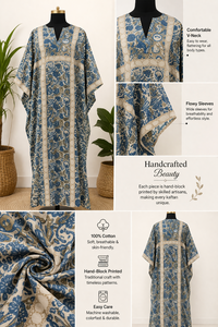 ชุดเดรสยาวแบบคาฟตัน พิมพ์ลายด้วยมือ ผ้าฝ้าย คอเสื้อแบบโยก ไหล่ตก แต่งขอบ ดีไซน์ทำมือสำหรับผู้หญิง เหมาะสำหรับใส่ไปเที่ยวชายหาดหรือรีสอร์ท - Product Image 5